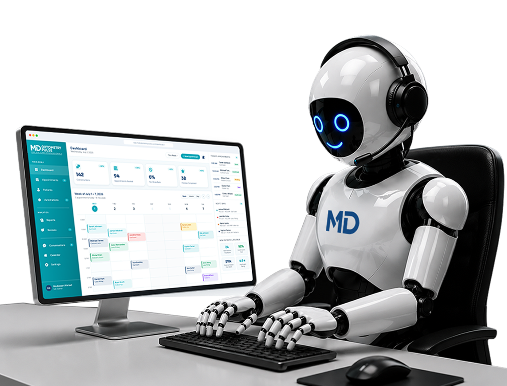 Robot AI employee working at a desktop computer